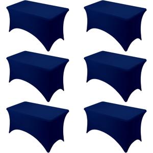 6-Pack Premium Navy Blue Spandex Tablecloths for 4ft Rectangle Tables, Stain & Wrinkle-Resistant, Washable Stretch Polyester Fitted Table Cover for Weddings, Banquets, Trade Shows Events