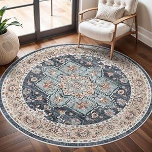 TOPRUUG Washable Oriental Area Rug - 4ft Round Rugs for Living Room Soft Carpet for Bedroom Waterproof Floral Distressed Indoor Stain Resistant Non-Shedding Floor Carpets (Blue/ Teal/ Orange, 4ft-Round)