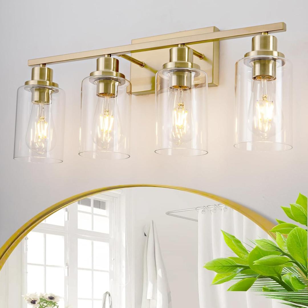 4 Light Gold Bathroom Light Fixtures Brushed Brass Vanity Light Over Mirror Modern Farmhouse Wall Lighting Sconces Wall Lamp for Bathroom, Bedroom, Living Room E26 Socket with Glass Shade, Brushed Brass, 4 Light