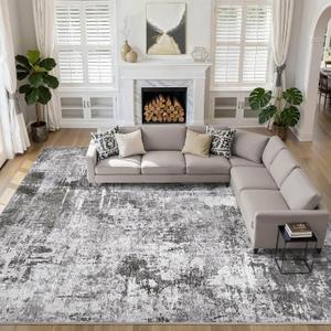 10x14 Area Rugs Living Room: Washable Large Abstract Modern Soft Rug Stain Resistant Indoor Floor Non Slip Accent Carpet for Bedroom Nursery Playroom Office Dining Room Dorm Home House- Black Grey