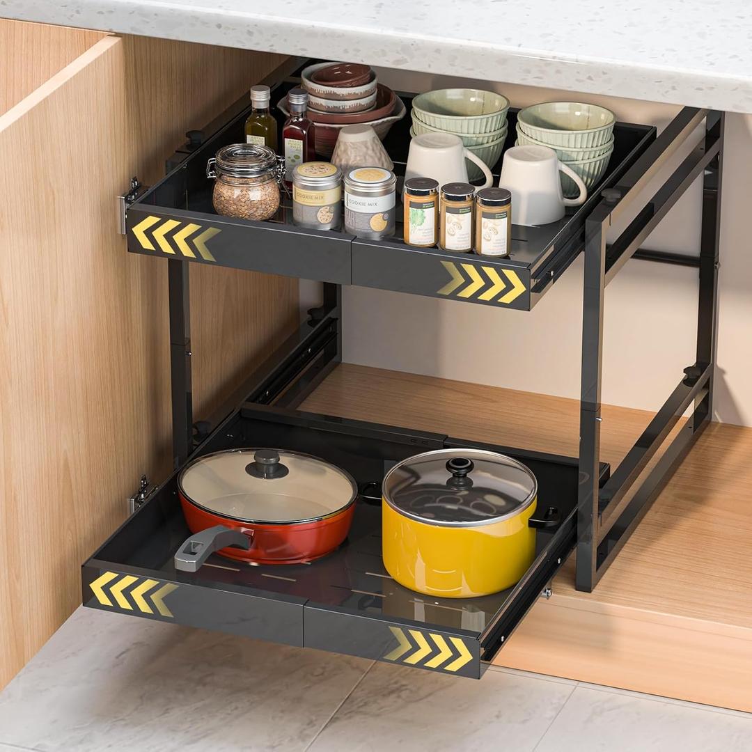 REALINN 2 Tier Pull Out Cabinet Organizer, 21 inch Depth Slide Out Shelves, Expandable 14"-22.5" Wide Heavy-Duty Cabinet Drawers for Kitchen Pots, Pans & Pantry Storage, Black