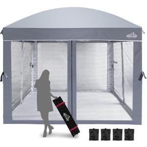 Canopy Tent with Netting Screen,10x10 Easy Pop Up Gazebo for Outdoor Parties,Camping,Foldable Patio Gazebo with Roller Bag and 4 Sandbags(Grey) (Gray)