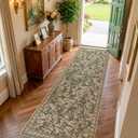 jinchan Eden Floral Washable Runner Rug 3x10 Entryway Rug Vintage Lightweight Soft Non-Slip Indoor Low-Profile Distressed Green Carpet for Kitchen Hallway Bedroom Entrance Living Room Laundry Nursery