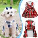 Dog Dress Bowknot Harness Leash Set for Small Dogs Girl Cute Plaid Dog Dress Pearls Bow Tie Spring Summer Princess Clothes Birthday Holiday Doggie Outfits for Puppy Cats Girl Apparel (Red, Small)