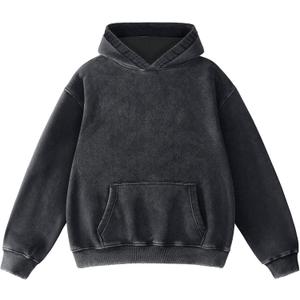 FAIABLE Mens Hoodies Oversized Unisex Acid Wash Hoodie Heavyweight Fleece Vintage Cotton Sweatshirt Men Women Streetwear (Large, Black)