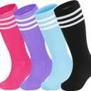 Zando 4 Pairs Kids Soccer Socks Baseball Softball Youth Athletic Boys Girls Knee High Socks (10-12 Years, Blue/Purple/Pink Black)