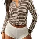 SOLY HUX Women's Striped Button Down T Shirts Dressy Casual Peplum Long Sleeve Knit Crop Tops Multicoloured Striped Large (L)