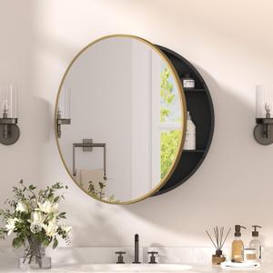 30 x 30 in Round Gold Mirror Medicine Cabinet Surface Mounted, Circular Modern Bathroom Medicine Cabinet with Mirror, Metal Framed Medicine Cabinets with Tempered Glass Mirror