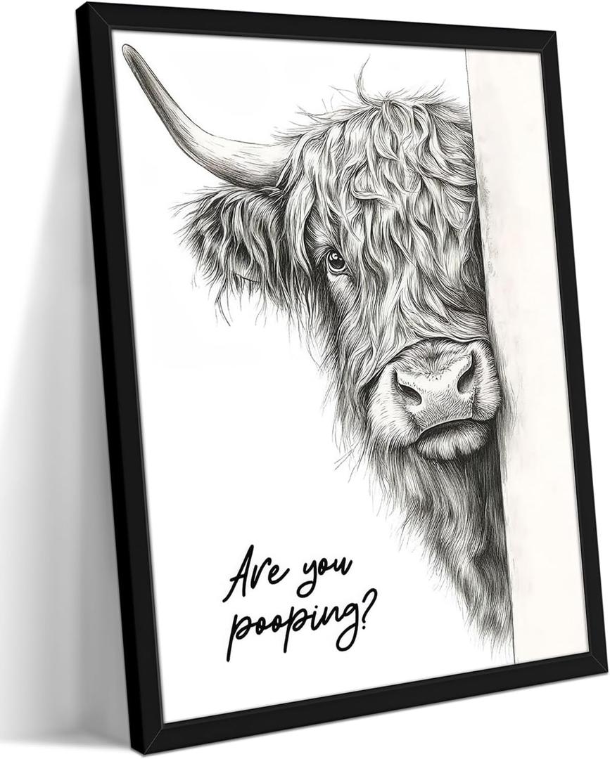 Funny Highland Cow Bathroom Wall Art, Humorous Are You Pooping Canvas Wall Decor Painting, Black and White Rustic Farmhouse Animal Prints Pictures for Restroom Bathroom 16x24 Inch Framed