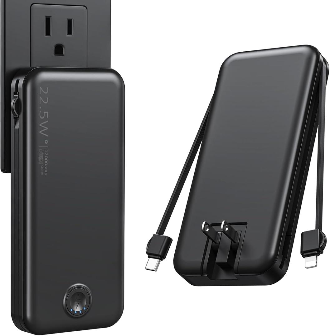 Portable Charger, 12000mAh 22.5W Fast Charging Power Bank with Built-in Cables & Wall Plug, Travel Essentials External Battery Pack, USB C Battery Phone Charger for iPhone, iPad, Samsung Black