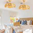 Rattan fandelier Ceiling Fan with Light Boho Ceiling Fans with Lights and Remote Gold Chandelier Fan for Bedroom, Living Room,Kitchen,Foyer(26 Inch,6 Speed, Timing Adjustable Height Flower)