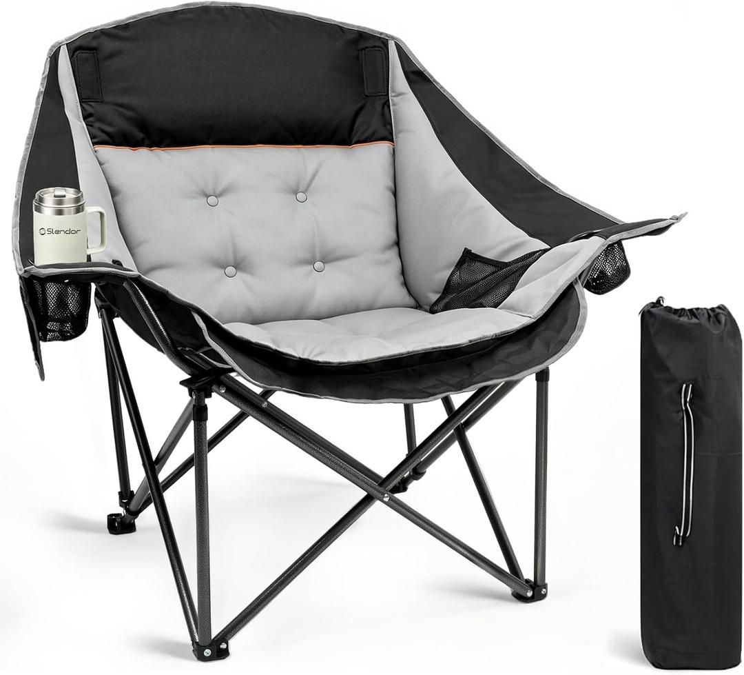 Slendor Oversized Camping Chair, 500 LBS Heavy Duty Support, Portable Padded Outdoor Folding Chairs, with Cup Holder & Carry Bag, for Lawn, Beach, Hiking, Black & Gray