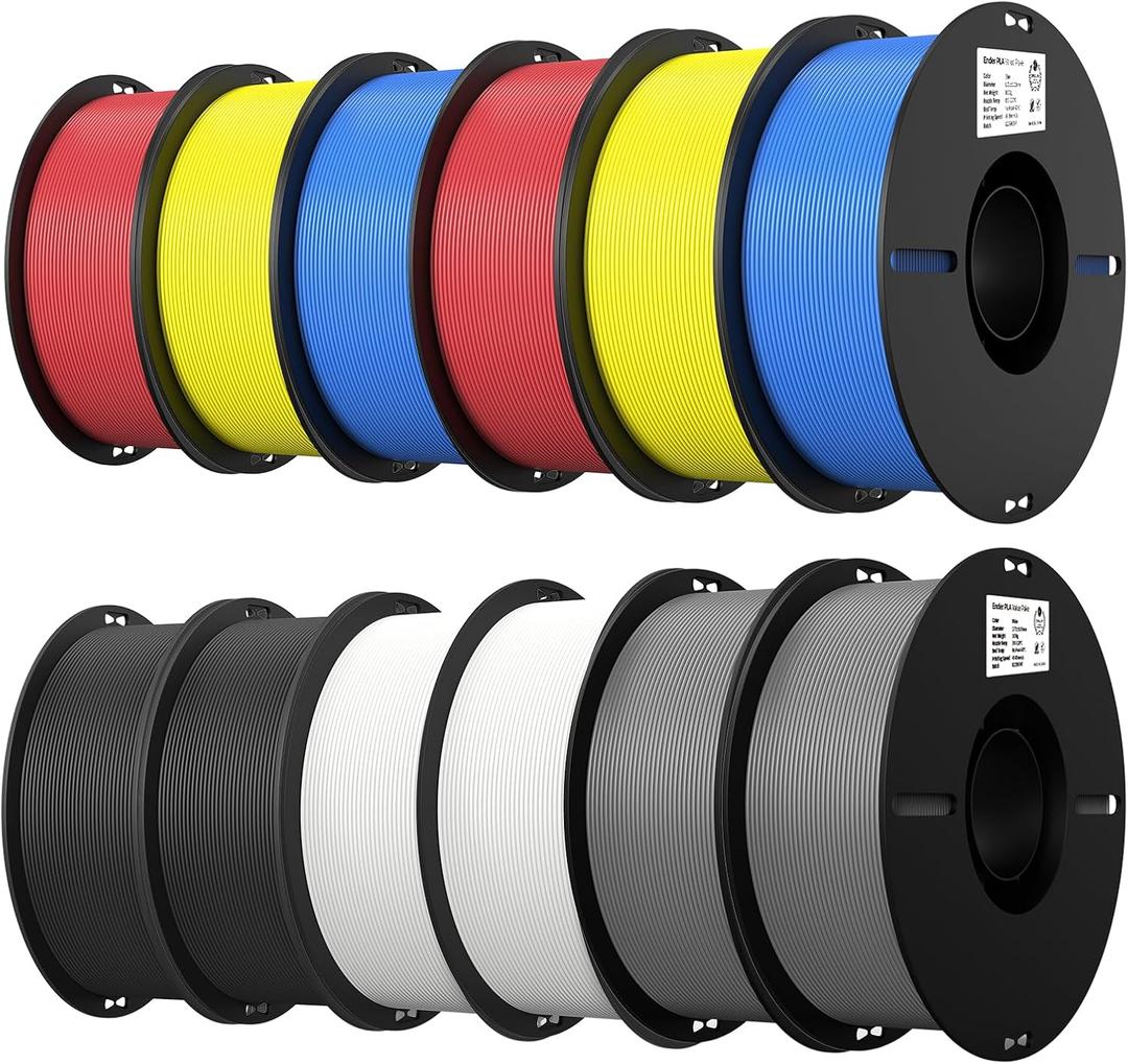 Creality 12 Pack PLA 1.75mm Filament Bundle for 3D Printing with No-Tangling Strong Bonding and Overhang Performance, Accuracy +/- 0.02mm (Black,White,Grey,Blue,Red,Yellow)