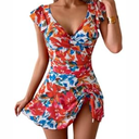 Aidonger One Piece Swimdress Tummy Control Ruffle Swimsuit for Women Tie Knot Swim Dresses V Neck Bathing Suit Skirt (XSmall, Floral)