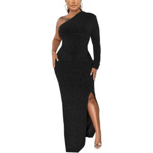 Women's Formal Dresses Elegant Long Sleeve Evening Party Dress Sexy One Shoulder High Split Cocktail Gowns, Large