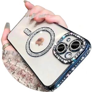 Magnetic Glitter Diamond for iPhone 14 Case[Compatible with MagSafe] Sparkle Rhinestone Camera Lens Protector Plated,Crtstal Clear Slim Military Drop Shockproof Cover for Women,Blue