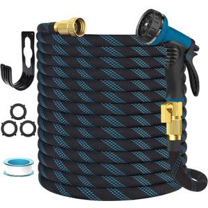Garden Hose Non-Expandable 100 ft, Lightweight Flexible Water Hose with 10 Function Spray Nozzle, Outdoor Leak Proof, Kink-Free, Portable Hose for Yard, Lawn, Camper, High-Density Fabric, Black Blue