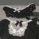 Foxiny Sexy Stockings Mini Skirt Mesh Sheer Lace Halloween Costume Maid Outfit Lingerie with Thong Set 4 Piece Small