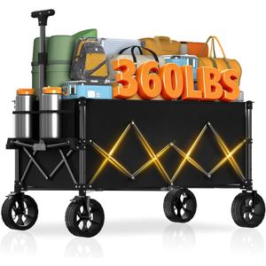 7.8 Cu ft Extra Large Foldable Wagon Cart, 360lbs Capacity, All-Terrain Beach Wagon with Big Wheels for Sand, Compact Fold Easy Storage, 220L Collapsible Utility Cart for Grocery Sports Garden Camping