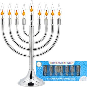 Large 13 Inch Electric Stainless Steel Hanukkah Menorah, Highly Polished Chrome Plated Electric Menorah with 10 Flickering Chanukah Bulbs