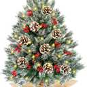 [ 8 Modes & Timer] 24 Inch Realistic Snowy Tabletop Christmas Tree Small Christmas Tree with 50 Warm Lights Battery Operated Red Berries Pine Cone Burlap Base Indoor Home Table Christmas Decorations