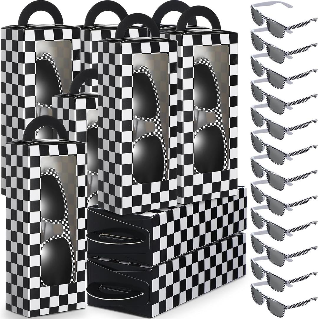 32 Pcs Race Car Party Favors Set 16 Black and White Checkered Favor Boxes and 16 Checkered Sunglasses Gift Boxes for Race Car Party Birthday Decorations