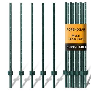 FOREHOGAR Metal Fence Post Green 4.8 feet, Pack of 15, T Post for Wire Fence, No Dig Steel U Posts Fencing for Lawn Garden Wire Mesh Fences Poles Sign Outdoor Light Duty