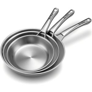 VocVoi Stainless Steel Pan Set, Frying Pan Set, 8/10/12 Inch Stainless Steel Cookware Set, PFOA&PTFE Free Tri-Ply Skillets, Chef's Pan Set, Dishwasher and Oven Safe, Induction Compatible