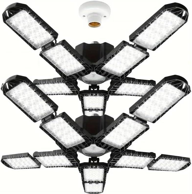 2 Packs LED Garage Light, Super Bright Screw in E26/E27 Ceiling Shop Work Lamp, 260W 26000 Lumen Deformable Basement Bulb Fixture with 10+1 Adjustable Panels, Lighting for Workshop, Attic