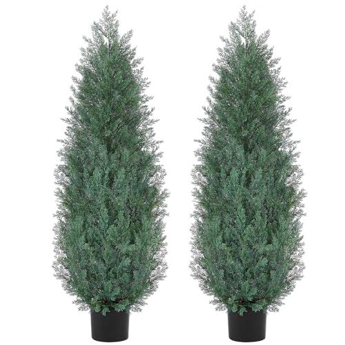 4Ft Artificial Cypress Trees (Set of 2) Outdoor Indoor, Realistic Faux Potted Cedar Trees with UV Protection, FakeTopiary Trees in Cement Pot for Entryway Patio Porch Garden Office Home Decor