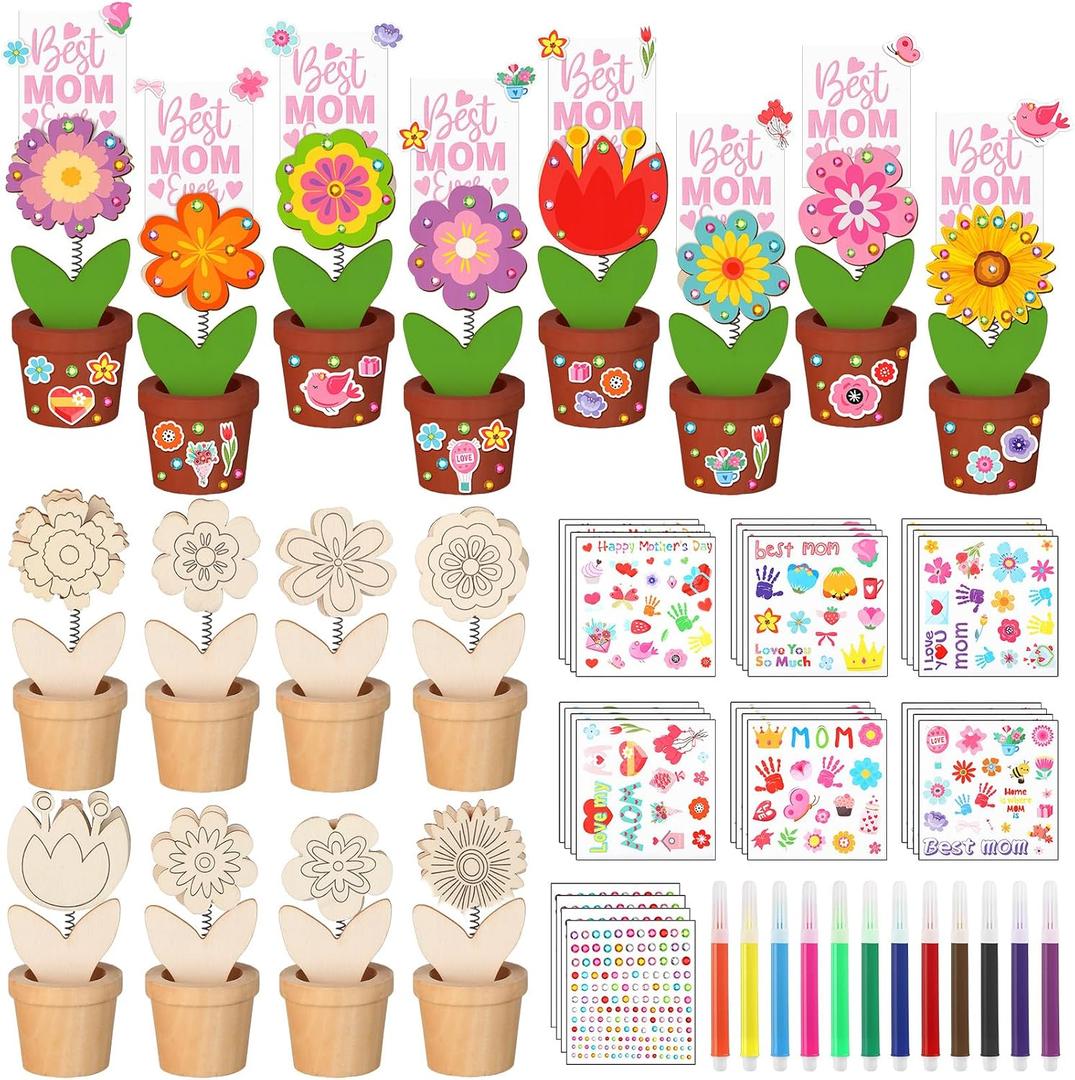 Soulchen 24 Pack Mother's Day Wood Flower Pot Craft Kits Spring Flower Craft Mothers Day Card Holder, Recipe or Picture Holder Kit DIY Unfinished Wooden Ornaments for Mom Home Decor Art Activities