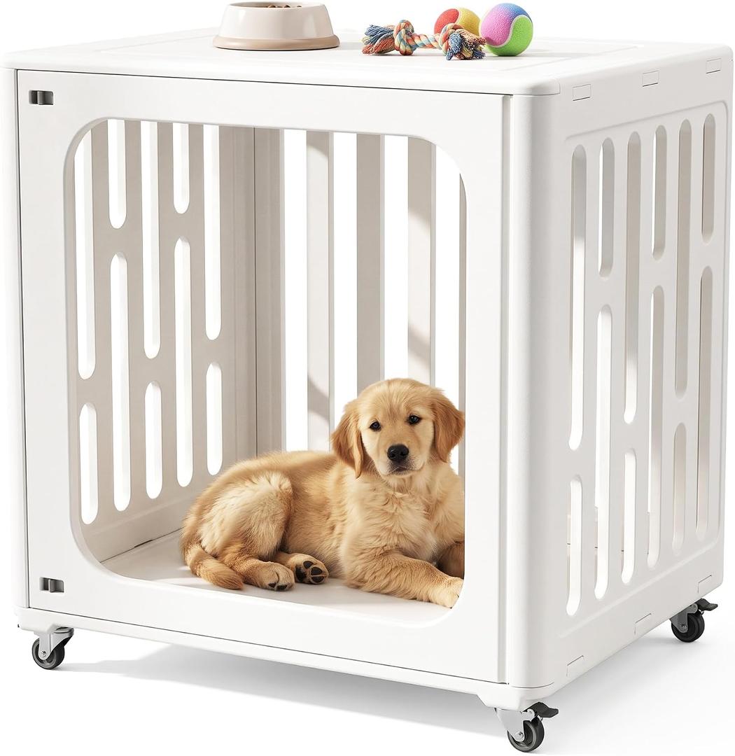 HDPE Pet Crate with Lockable Swivel Wheels, Ventilated Clear View Small Animal Cage Easy Clean Indoor Kennel for Puppy Rabbit Cat