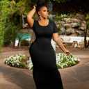 Mrskoala Women Plus Size Bodycon Maxi Dress Stretchy Knit Curve Hugging Short Sleeve Long Dresses Black, 3XL