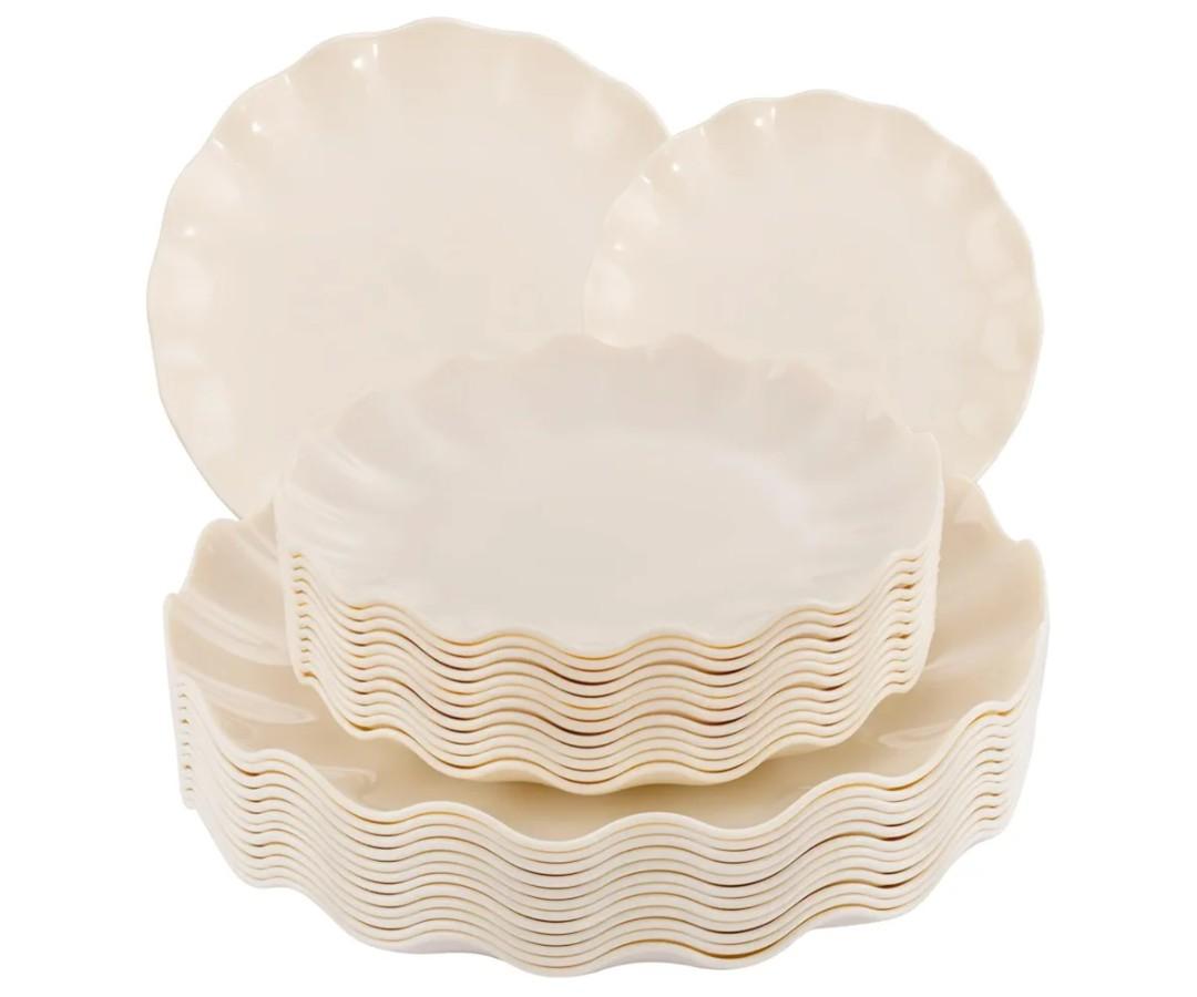 LIYH 24 Pcs Plastic Plates Reusable,Unbreakable Dinner Plates, Scalloped Plastic Plates, Dishwasher Safe,Ivory Plate Sets Perfect for Parties, Birthday, Picnics, BPA Free (12 Guests)