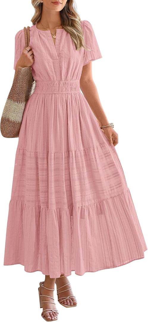 BTFBM Womens Summer 2026 Casual Midi Maxi Dresses Lightweight Short Sleeve V Neck Elastic Waist Boho Beach Dress Pockets