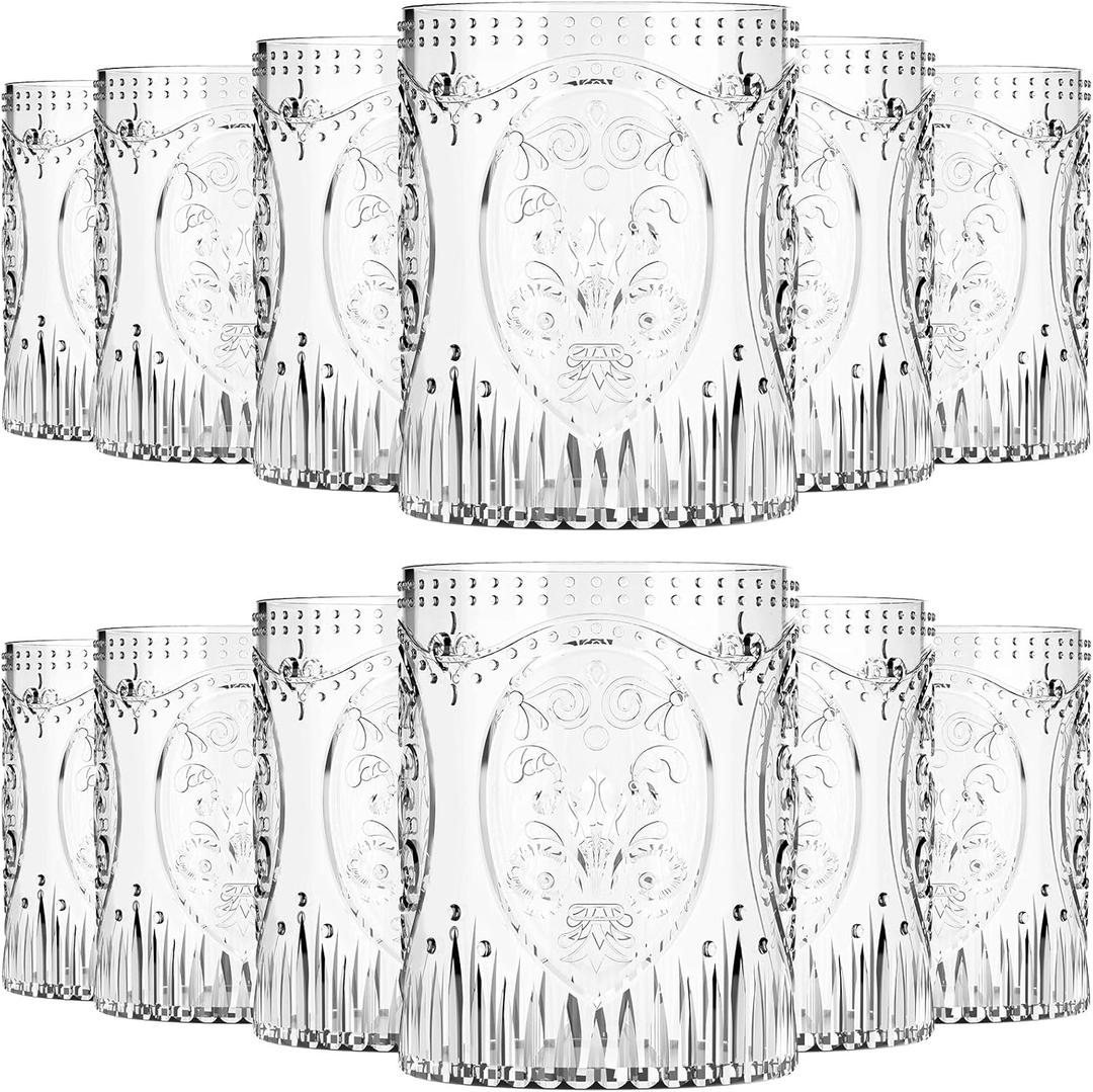 Qinyoung 12 Plastic Vintage Drinking Glasses 8.5oz Stemless Retro Embossed Wine Glasses Shatterproof Reusable Cups for Baby Shower Wedding Reception Grand Event Party (Clear)