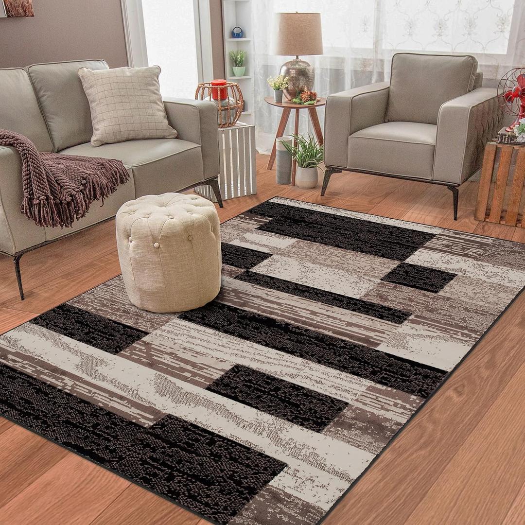 Superior Indoor Area Rug, Jute Backed, Modern Geometric Patchwork Floor Decor for Bedroom, Office, Living Room, Entryway, Hardwood Floors, Rockwood Collection, 3' x 5', Chocolate (3' x 5', A Chocolate)