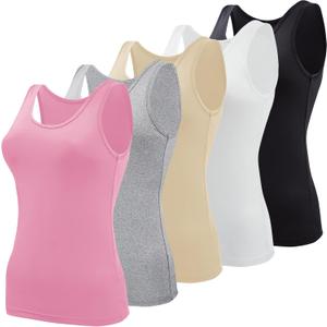 BQTQ 5 Pcs Basic Tank Tops for Women Undershirt Tank Top Sleeveless Under Shirts (Large, Black, White, Gray, Pink, Beige)