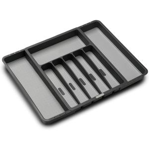 madesmart Expandable Silverware Tray, Adjustable Utensil Organizer for Drawers, Soft-Grip Lining, Non-Slip Base, Durable and Easy to Clean, Grey (Granite)