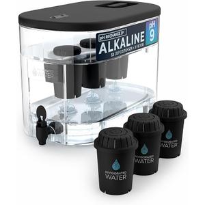 Invigorated Water - Alkaline Countertop Water Filter Dispenser, Large Cup Capacity, Mineralized Alkaline Water, BPA-Free, 96 Gallons/Filter (Black, 3 Filters Included)