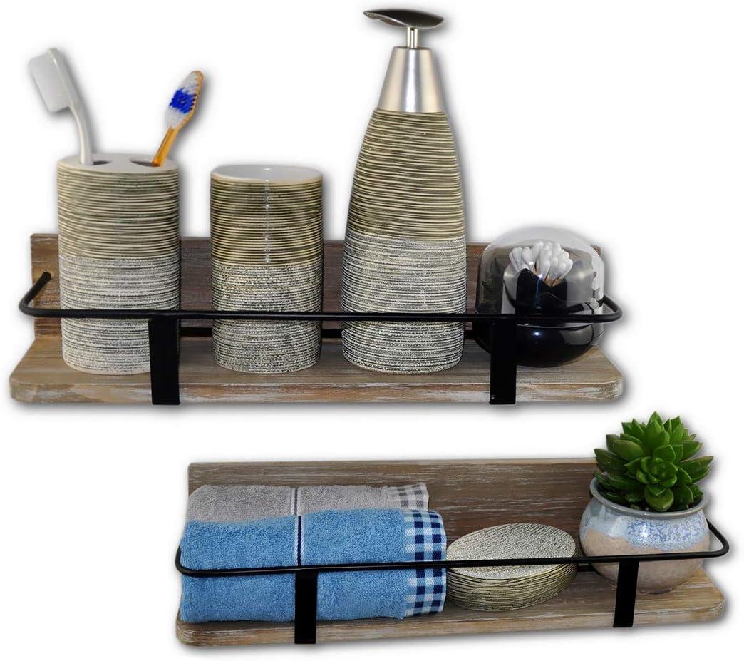 Spiretro Floating RV Shelves - Rustic Wood with Metal Rail - Bathroom, Living Room, Bedroom, Kitchen, Closet - Set of 2 (Large & Small), Grey