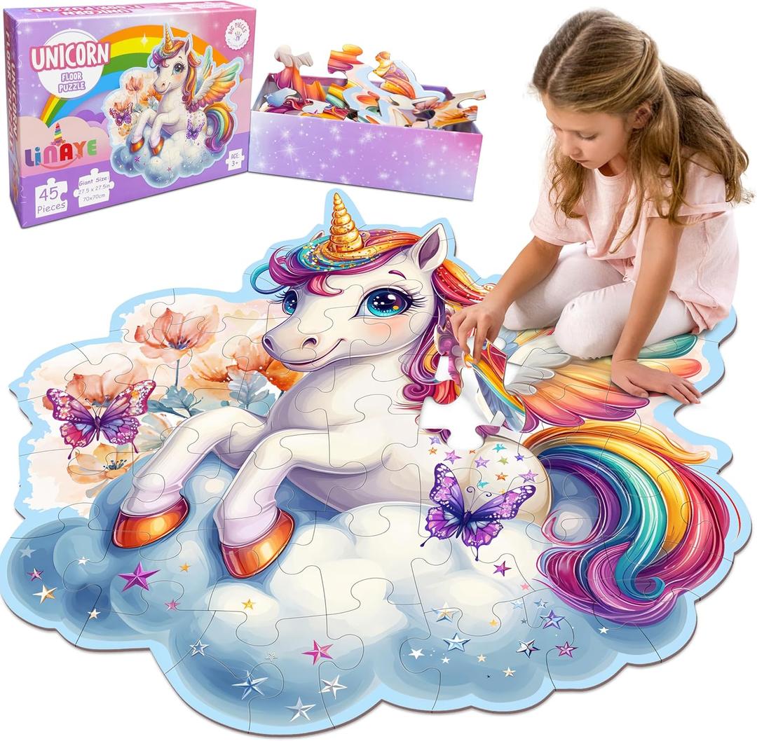 LINAYE Unicorn Puzzle for Kids Ages 4-6, Unicorn Floor Puzzles for Girls 4-6, 48 Pieces Large Puzzles for Toddlers Kids, Christmas Birthday Gifts Toys for 3 4 5 6 7 8 Year Old Girls