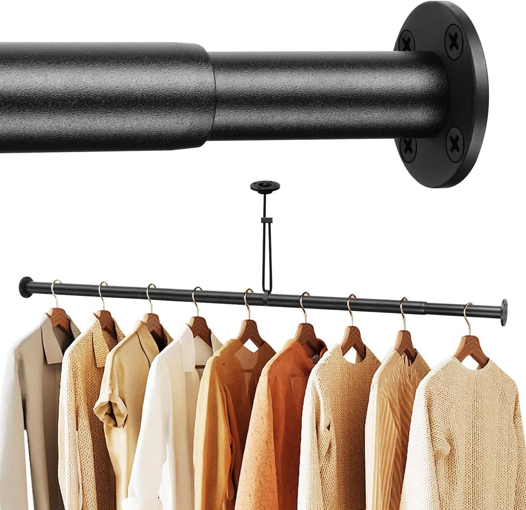 Adjustable Closet Rods for Hanging Clothes 17 to 108 inch Black Heavy Duty clothes rod for closet, Laundry, Bathroom, RV Closet Organization and Storage(Extra long)