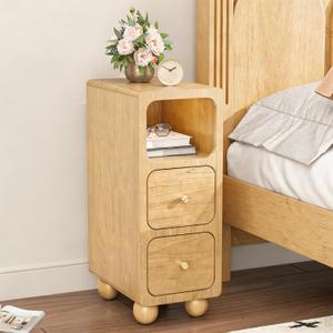 Narrow Nightstand - 100% Solid Wood Night Stand with 2 Drawers, Natural Modern Tall Bedside Table for Small Spaces, Bedroom (Fully Assembled), 9.7x15x25.8 Inch