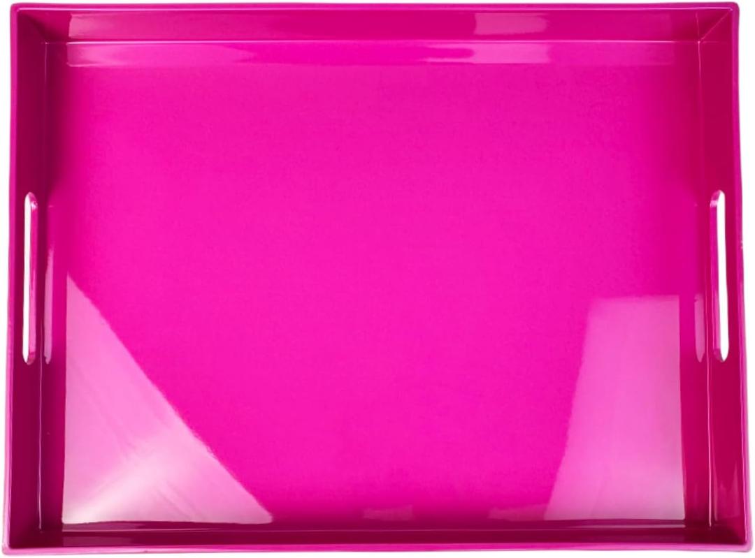 Large Decorative Tray, Rectangular Serving Tray with Handles, Plastic Coffee Table Tray for Ottoman, Living Room, Kitchen Tabletop, Rose Pink, 15.7 x 11.8 x1.6