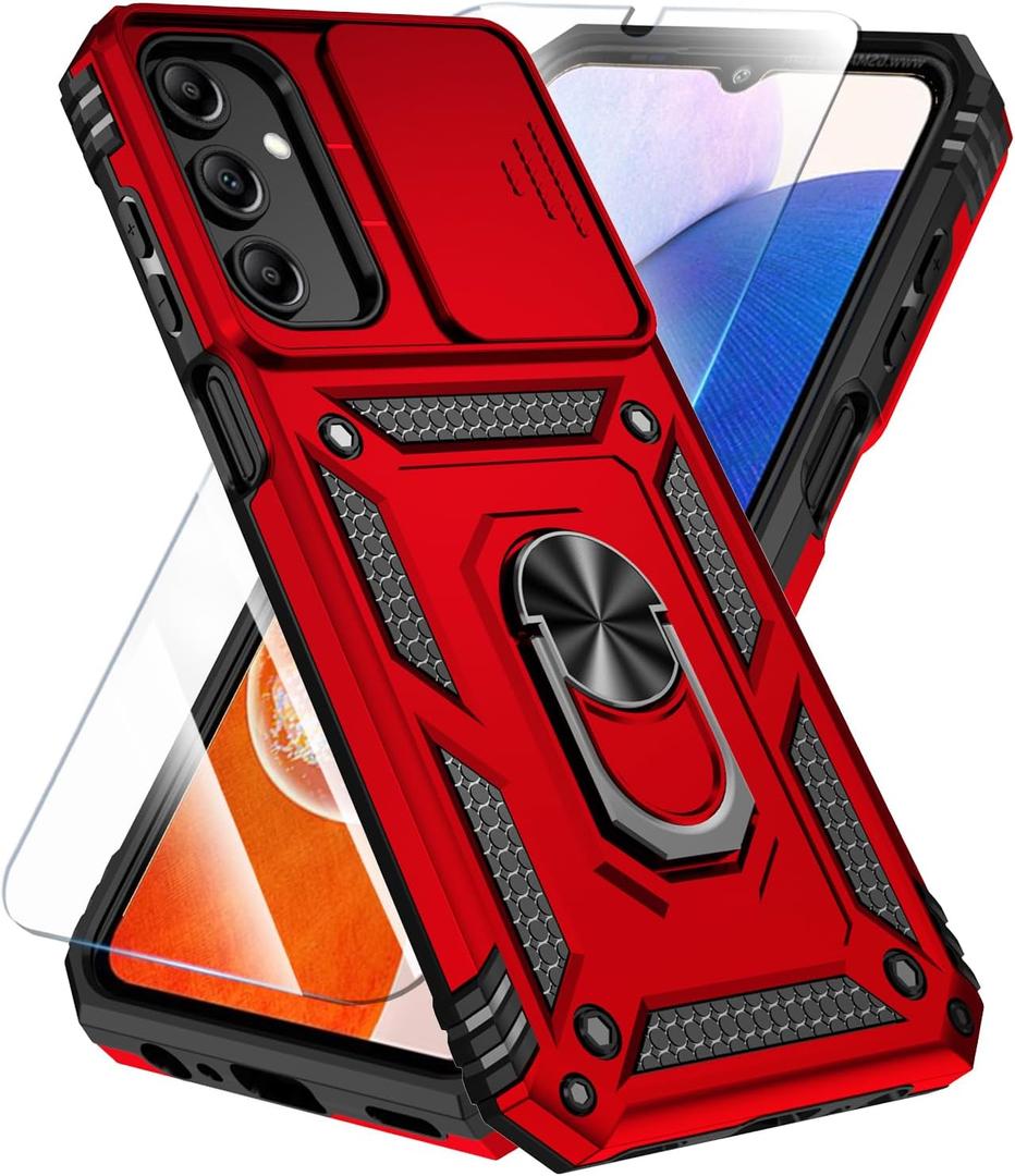 SunStory Phone Case for Samsung Galaxy A15 5G Case with HD Screen Protector & Slide Camera Cover & Rotated Ring Kickstand, [Military-Grade] Phone Case for Galaxy A15 5G (Red)