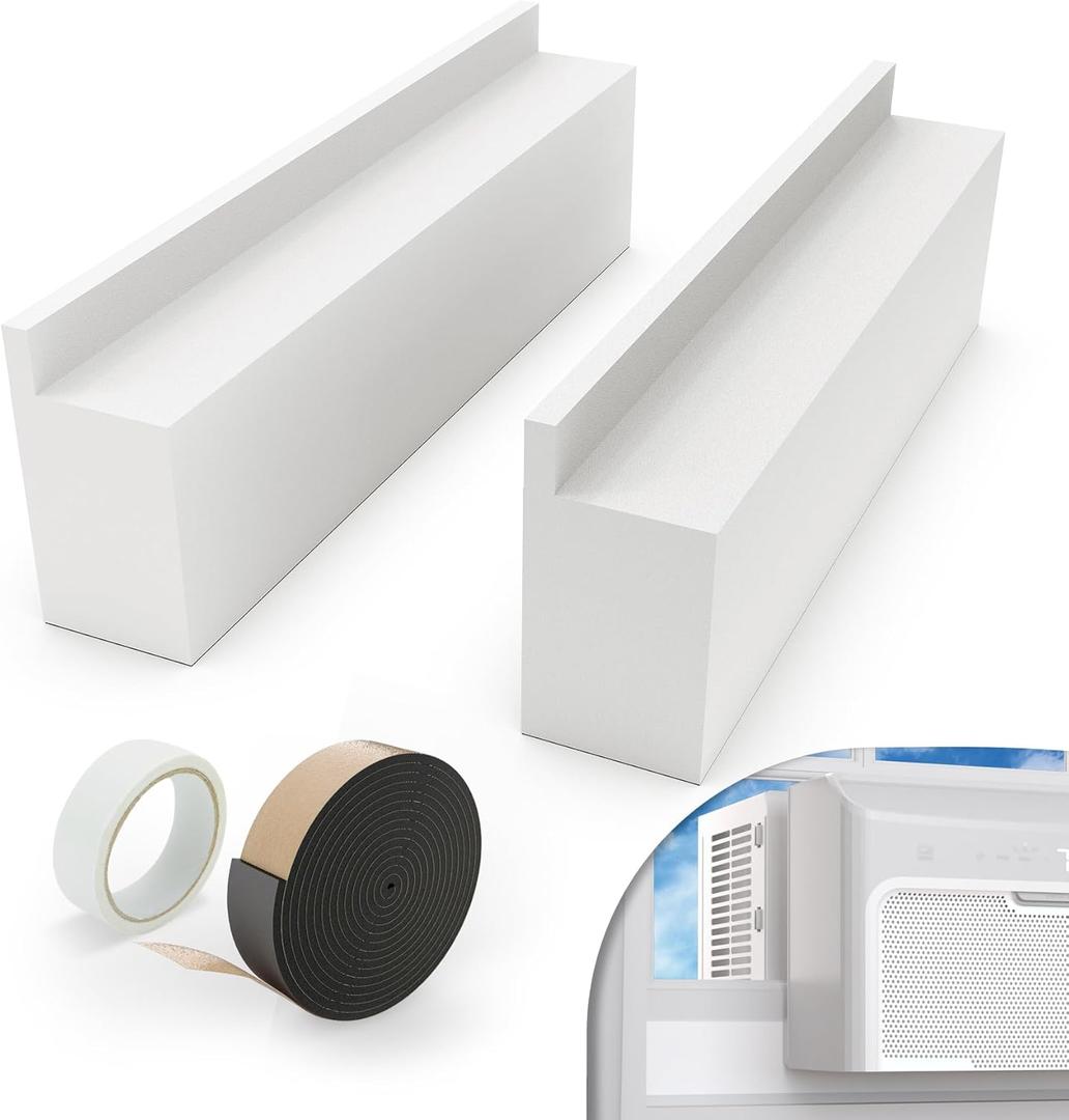 Window Air Conditioner Foam Block for U-Shaped Window AC Units, 2 Pack Air Conditioner Side Insulation Foam Blocks with Seal Strip, Prevent Cold Air Leakage, White