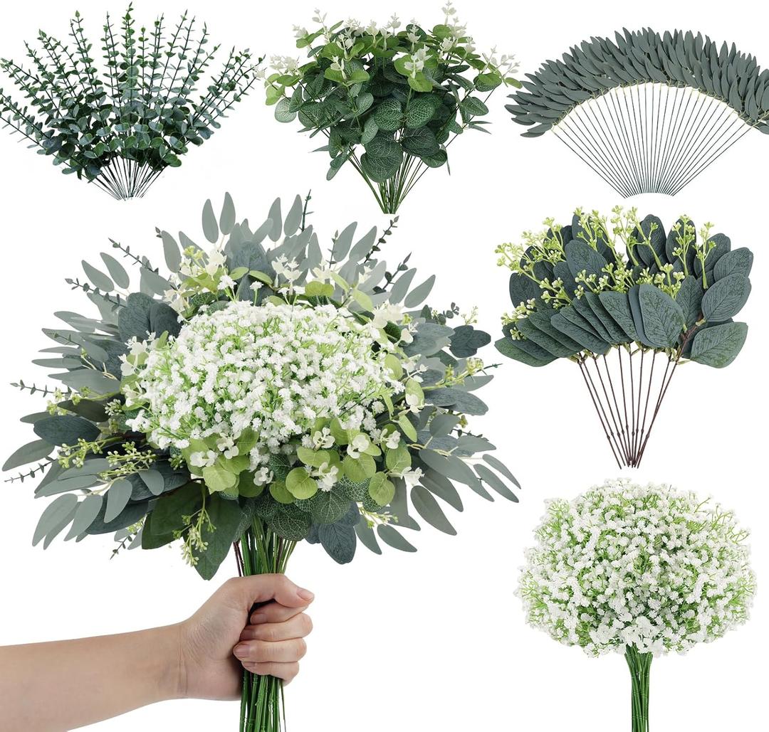 N&T NIETING 120Pcs Artificial Mixed Eucalyptus Stems Leaves Bulk, Faux Greenery Stems Branches with Baby Breath Silver Dollar Fake Eucalyptus Sprays for Wedding Decor Vase Bouquet Floral Arrangement