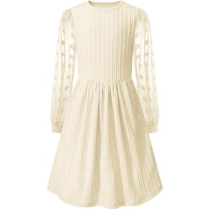 Little Bitty Girls Textured A-Line Swiss Dot Dress, Tulle Long Sleeve Ribbed Knit Crew Neck Midi Dress with Pockets Beige 6-7Y