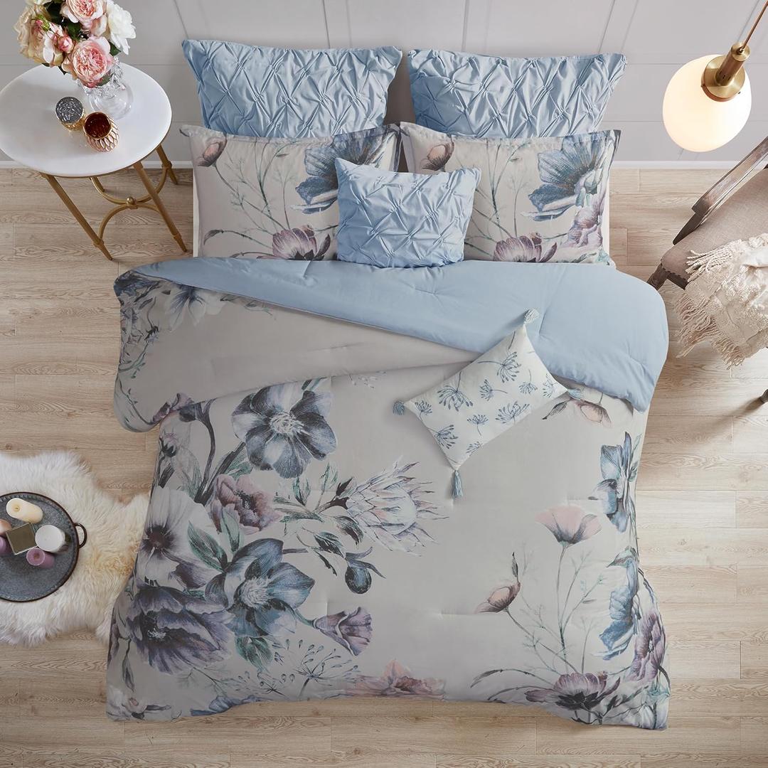 Madison Park Cassandra Cotton Blend Comforter Set - Feminine Design Colorful Floral Print, All Season Down Alternative Bedding Layer and Matching Shams, King (104 in x 92 in), Blue 8 Piece